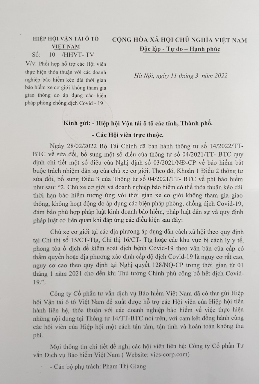 Vics-corp đồng hành cùng các Hội viên của Hiệp hội Vận tải ô tô Việt Nam (VATA) thực hiện thỏa thuận với các doanh nghiệp bảo hiểm kéo dài thời hạn bảo hiểm TNDS bắt buộc theo quy định mới tại Thông tư 14/2022/TT-BTC.